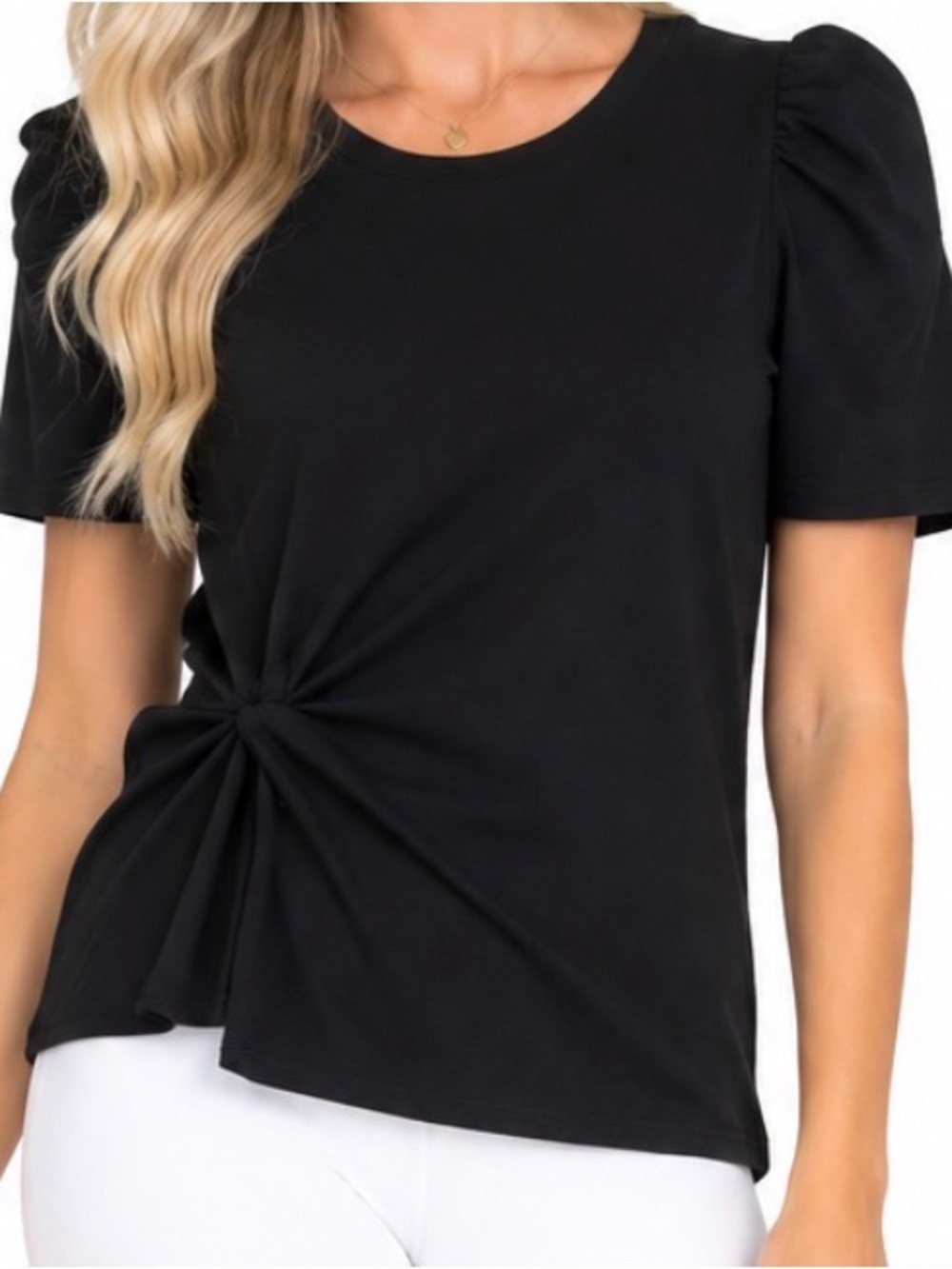 Black Twist-Front Short Sleeve Top Sz large Modern works chic flattering shaping